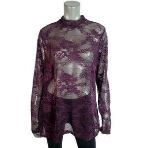 Lane Bryant Top Plus Size 18/20 High Neck Lace Floral Stretch Long Sleeve Purple